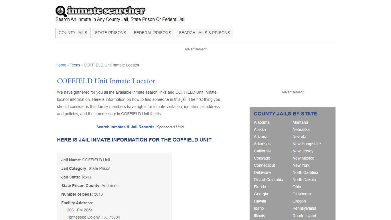 COFFIELD Unit Inmate Locator - Inmate Searcher